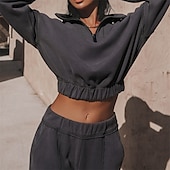 abordables Chándales-Mujer Tracksuit Sudadera Ropa Deportiva Otoño Manga Larga Mantiene abrigado Resistente al Viento Suave Gimnasio Rutina de ejercicio Deportes Ropa de deporte Ropa de Deporte Color sólido Albaricoque