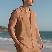 cheap Vacation-Men&#039;s Shirt Linen Shirt Casual Shirt Button Up Shirt Cotton Shirt Plain Vacation Street Black White Yellow Navy Blue Sleeveless Turndown Summer Clothing Apparel Buttons