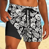 billiga Tropiska växter och blommor-Herr Tropiska växter Dödskalle Blommor Fodrade shorts 2 i 1 simshorts Badshorts Medium Midja Hawaiisk Strandsemester Sidfickor Med kompressionsfoder Elastisk dragsko i midjan Designer Kläder