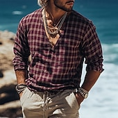 Men's Shirt Linen Shirt Popover Shirt Casual Shirt Plaid Vacation Hawaiian Wine Long Sleeve V Neck Spring Fall Clothing Apparel4