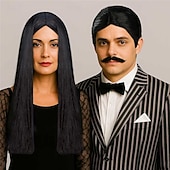 baratos Perucas de Casal-Perucas cosplay Preta Encaracolado Reta natural Cabelo Sintético Curto / Longo perucas Homens / Mulheres perucas Para festa