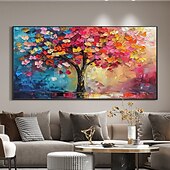 abordables Peintures fleurs/botaniques-Peinture à l&#039;huile d&#039;arbre colorée originale faite à la main sur toile, art mural abstrait de paysage d&#039;arbre pour la décoration intérieure avec cadre tendu sans cadre intérieur