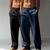 baratos Clássico-Homens Calças de linho Calças Calça verão Calças largas Calças de praia Com Cordão Cintura elástica Perna reta Tecido Conforto Respirável Comprimento total Casual Diário Feriado Férias Estilo Clássico