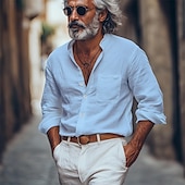 voordelige Straat-Voor heren Overhemd Linnen overhemd Overhemd met bandkraag Zomer overhemd Strand Kleding Overhemd met knopen Effen Vakantie Streetwear Zwart Wit Blauw Khaki Lange mouw Band Kraag Lente zomer Kleding