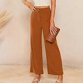 cheap Wide Leg &amp; High Waisted-Women&#039;s Slacks Pants Trousers Streetwear Casual Full Length Natural Plain Pocket Buckle Outdoor Comfortable Outdoor Vacation Daily Wear Apricot Black Orange Green Fall Regular Fit