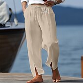 baratos Feriado-Homens Calças de linho Calças Calça verão Calças largas Com Cordão Cintura elástica Fenda Tecido Conforto Respirável Comprimento total Casual Diário Feriado Férias Moda Preto Branco Sem Elasticidade