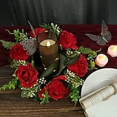 olcso Művirág-műrózsa gyertyagyűrű koszorú, virágos gyertyatartó dekoráció esküvőre, asztaldíszre, fesztiválra vagy európai stílusú lakberendezésre