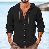 economico Vacanza-Per uomo Camicia Camicia di lino Abbigliamento da spiaggia Camicia con Bottoni Camicia con cappuccio Semplice Vacanza Casuale Nero Bianco Verde Cachi Manica Lunga Con Cappuccio Primavera &amp; Estate