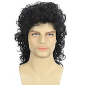 economico Parrucche storiche-Parrucche mullet ricce per uomini anni &#039;80 lunga riccia nera parrucche hippy rocking anni &#039;80 costume cosplay anime resistente al calore parrucca sintetica parrucca anni &#039;70 Parrucche di Halloween
