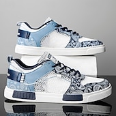 billiga Herrsneakers-Herr blå och vita sportsneakers med mesh-ovandel med andningsbar design, snygg snörning, perfekt för både vardagsaktiviteter och fritidsaktiviteter