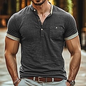 cheap Casual Henley Tee-Men&#039;s Linen Shirt Cotton Linen Shirt Henley Shirt Tee Henley Top Short Sleeve Solid Color Plain Fashion Designer Casual Color Block Buttons Henley Outdoor Casual Daily Summer All Seasons Navy Blue