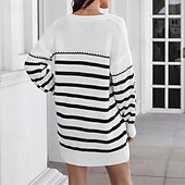 abordables Robes en tricot-Femmes Mini Robe Robe Pull Robe Décontractée Mode Extérieur Soirée Fête Coupe régulière Rayé manche longue Col en V Noir Blanche Automne