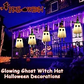 billige Halloween utendørs-3 stk. 60 cm halloween utendørs lys hengende lysende heksehatt lange ben utendørs innendørs halloween-fest fest hengende tre tak vegg festlig atmosfære dekorativt lys tre-knappsbatterier