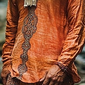 cheap Vacation-Men&#039;s Linen Shirt Summer Shirt Vintage Shirt Ethnic Shirt Long Sleeve Shirt Boho Vacation Street Orange Long Sleeve V Neck Summer Spring Clothing Apparel Ethnic