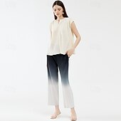 billiga Raka byxor-Dam Rak Elegant Semester Vintage Ankellång Medium Midja Lutning Elastisk Svart och vit lutning Sommar Vår Höst Lös passning