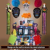 お買い得  ハロウィン壁タペストリー-3.6フィートのハロウィンシュガースカル吊り下げ装飾、メキシカンパーティーポーチ吊り下げ、メタリックホイルフリンジ付き、メキシカンフィエスタハロウィン、死者の日、庭、ツリー、祭壇、家庭用、屋内、屋外用