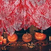 olcso Halloween kültéri dekoráció-halloweeni hátborzongató kendő 7 x 33 láb (2,15 x 10 m) szakadt gézszövet, vérfoltos akasztódekoráció, kísérteties kísértetház kültéri udvari jelenet kellék, szellemparti hangulatot kölcsönző
