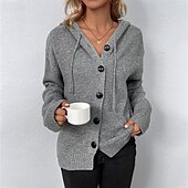preiswerte Texturierte Kapuzenpullover &amp; Sweatshirts-Damen Strickjacke Mode Weich Einfarbig Gerippt Mit Kapuze Knöpfe Gestrickt Langarm Normale Oberteile Stricken Ferien Ausgehen Wochenende Schwarz Weiß Herbst