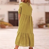 economico disegnare abiti in cotone e lino-Per donna Abito Midi Vestito Casual Abito in cotone e lino Abito Estivo Moda Moderno All&#039;aperto Data Weekend Vestibilità regolare Semplice Senza Maniche Colletto a Camicia Giallo Vino Verde militare