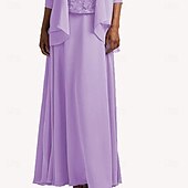 preiswerte Mamas Kleidersets-Kleid-Sets Mutter der Braut Kleid Elegant Einfach Scoop-Ausschnitt Knielang Chiffon Langarm mit einfarbig