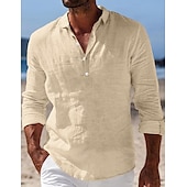 preiswerte Urlaub-Herren Hemd Leinenhemd Sommerhemd Strandbekleidung Einfach Urlaub Lässig Schwarz Weiß Blau Khaki Langarm Revers Frühling &amp; Sommer Bekleidung