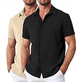 preiswerte Klassiker-Herren Hemd Leinenhemd Sommerhemd Freizeithemd Strandhemd Knopfhemd Einfach Urlaub Lässig Weiss + Rosa Weiß + Grün Khaki + Schwarz Grün+Khaki Kurzarm Kragen Sommer Bekleidung Rein