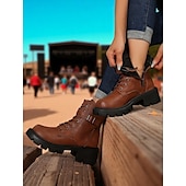 abordables Bottes de combat-Bottines de combat marron à lacets pour femmes avec fermeture éclair latérale et semelle crantée épaisse – bottines d&#039;extérieur élégantes pour l&#039;automne, l&#039;hiver et le streetwear décontracté