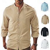 economico Camicie di lino-Per uomo Camicia Camicia di lino Camicia casual Camicia con Bottoni Camicia di cotone Semplice Vacanza Camicia hawaiana Nero Bianco Cachi Azzurro Manica Lunga Colletto alla coreana Primavera Autunno