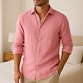 cheap Classic-Men&#039;s Shirt Linen Shirt Summer Shirt Beach Wear Button Up Shirt Plain Vacation Daily Black White Pink Blue Long Sleeve Collar Summer Spring Clothing Apparel Plain