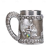 abordables Halloween Cuisine-Chope à bière en forme de crâne d&#039;Halloween, style rétro créatif, en forme de corne de bélier, en résine 3D surélevée &amp;Verres en acier inoxydable avec relief amusant pour les amateurs de bière