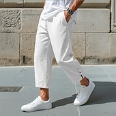 baratos Retrô-Homens Calças de linho Calças Calça verão Calças largas Calças Cropped Cintura elástica Com Cordão Côr Sólida Tecido Conforto Respirável Mimolet Casual Diário Feriado Férias Moda Preto Branco Sem