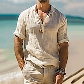 economico Vacanza-Per uomo Camicia Camicia popover Camicia casual Camicia di cotone Semplice Vacanza Camicia hawaiana Cachi Manica Lunga Bavero Estate Primavera Abbigliamento