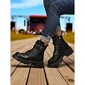 abordables Bottes de combat-Bottines de combat marron à lacets pour femmes avec fermeture éclair latérale et semelle crantée épaisse – bottines d&#039;extérieur élégantes pour l&#039;automne, l&#039;hiver et le streetwear décontracté