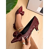 abordables Escarpins femme-Escarpins à bout pointu et nœud vert foncé pour femme – talons mi-hauts en cuir verni, style vintage pour le travail, les fêtes et les occasions habillées