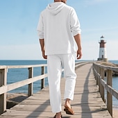 cheap Men&#039;s Tee Sets-Men&#039;s T-shirt Suits Shirt and Pant Sets 2 Pieces Outfits Long Sleeve Hooded Summer Spring Solid Color Fashion Casual Buttons 2 Piece Vacation Daily Wear Going out Black White Yellow Top Tee for Men