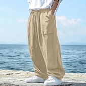 economico Vacanza-Per uomo Pantaloni di Lino Pantaloni Pantaloni Estivi Elastico in vita Coulisse Gamba Dritta Semplice Comodità Traspirante Lunghezza intera All&#039;aperto Casuale Quotidiano Moda Stile Classico Nero Blu