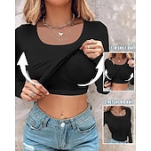  Dames T-shirt Effen Modieus Stijlvol Klassiek Lange mouw Strakke ronde hals Normale tops Dagelijks Uitgaan Weekend Zwart Rood Groen Khaki Grijs Zomer Lente Herfst