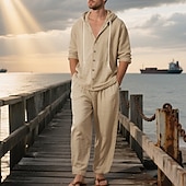 cheap Men&#039;s Tee Sets-Men&#039;s T-shirt Suits Shirt and Pant Sets 2 Pieces Outfits Long Sleeve Hooded Summer Spring Solid Color Fashion Casual Buttons 2 Piece Vacation Daily Wear Going out Black White Yellow Top Tee for Men