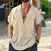 preiswerte Freizeithemden für Herren-Herren Hemd Sommerhemd Freizeithemd Knopfhemd Beige Kurzarm Einfach V Ausschnitt Urlaub Hawaiianisch Tasche Bekleidung Polyester Mode Lässig Bequem