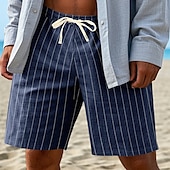 cheap Holiday-Men&#039;s Shorts Linen Shorts Summer Shorts Beach Shorts Drawstring Elastic Waist Striped Comfort Breathable Knee Length Outdoor Daily Beach Vacation Hawaiian Black White