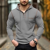 economico magliette di base-Per uomo Maglietta Felpa con cappuccio Henley Manica Lunga Con Cappuccio Henley Primavera &amp; Autunno Tinta unica Maglieria Quotidiano All&#039;aperto Tasca All&#039;aperto Casual Casuale Grigio scuro blu navy
