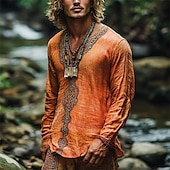 cheap Vacation-Men&#039;s Linen Shirt Summer Shirt Vintage Shirt Ethnic Shirt Long Sleeve Shirt Boho Vacation Street Orange Long Sleeve V Neck Summer Spring Clothing Apparel Ethnic