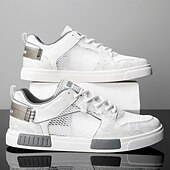 billiga Herrsneakers-Herr blå och vita sportsneakers med mesh-ovandel med andningsbar design, snygg snörning, perfekt för både vardagsaktiviteter och fritidsaktiviteter
