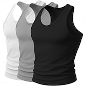 baratos Tops de ginásio-Homens Malha Íntima Camiseta Interior camisa sem manga camisa muscular Sem Manga Decote em U Profundo Scoop pescoço Decote em U Verão Côr Sólida Pit Strip Moda Designer Esportivo 3 Peças Estriado Puro