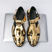 billige Kjole sandaler-Gull- og svarte metalliske sandaler for menn – stilige gladiatorsandaler med moderne spennedesign, perfekte for uformelle utendørsarrangementer