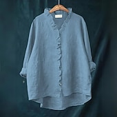 economico Camicie-camicetta da donna in cotone e lino tinta unita elegante casual manica lunga scollo a V top normale quotidiano festa bottoni bianco giallo rosso blu beige estate autunno