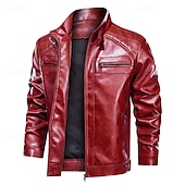 preiswerte Kunstlederjacke-Herren Kunstlederjacke Bikerjacke Rote Lederjacke Motorradjacke Urlaub Täglich Winddicht Warm Tasche Herbst Winter Einfach Mode Klassisch Stehkragen Regulär Schwarz Rote Braun Jacken