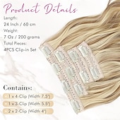 abordables Extensiones sintéticas-Extensiones de cabello con clip, 4 unidades, 24 unidades, ondas playeras largas y gruesas, trama de encaje invisible, rubio medio con reflejos rubios, HE003