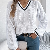 preiswerte Einfarbige Farben-Damen Pullover Lässig Farbblock Gerippt V Ausschnitt Patchwork Gestrickt Langarm Normale Oberteile Stricken Täglich Ferien Ausgehen Weiß Blau Herbst