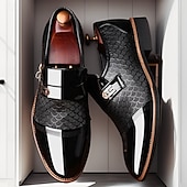 cheap Men&#039;s Slip-ons &amp; Loafers-Men’s Black Patent Faux Leather Loafers with Textured Scale Pattern and Metal Buckle, Elegant Slip-On Dress Shoes for Weddings, Business and Formal Events